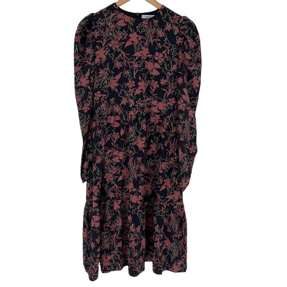 Knot & Tale Wanda Dress Midi Long Sleeve Flounce Hem‎ Women Medium Black Mauve